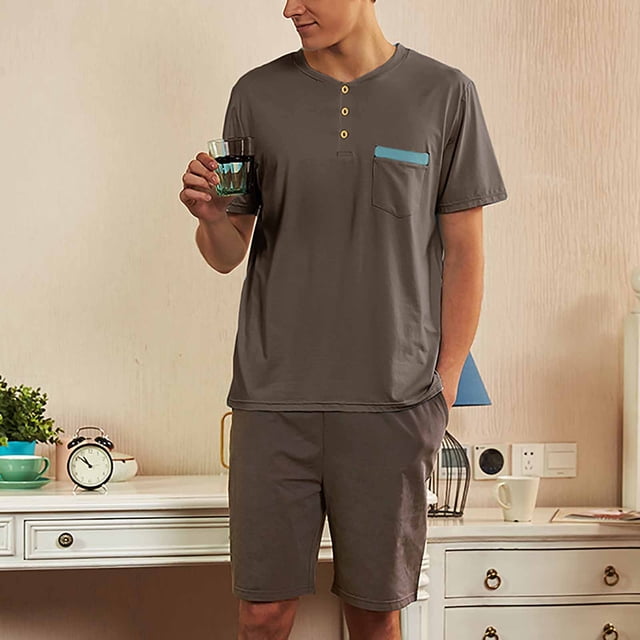 Pijama de verano para hombre, de color liso, informal y cómodo, de manga corta, ideal para usar en casa o al aire libre.