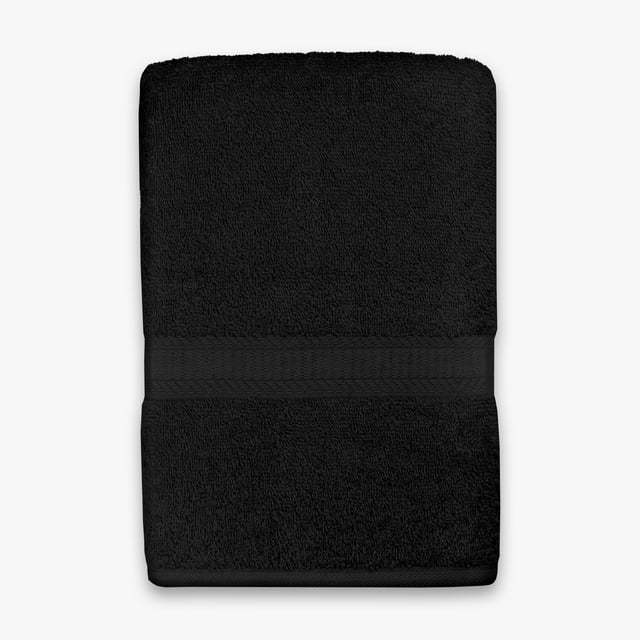 Mainstays Basics solid black bath towel folded neatly showing its texture and decorative band.