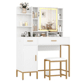 thumbnail image 2 of Coiffeuse avec Miroir Éclairé, Coiffeuse de Maquillage à 3 Modes d'Éclairage Réglables avec Tabouret Rembourré Doux, 2 Tiroirs, Armoire et Station de Recharge, Ensemble de Coiffeuse Moderne pour Chambre, Blanc, 2 of 8