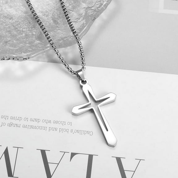 Unisex Stainless Steel Hollow Double Cross Pendant Necklace Christian Prayer Men And Women Religious Amulet Decoration Jewelry Luxury With You Accessories Trendy Best  For Gift
