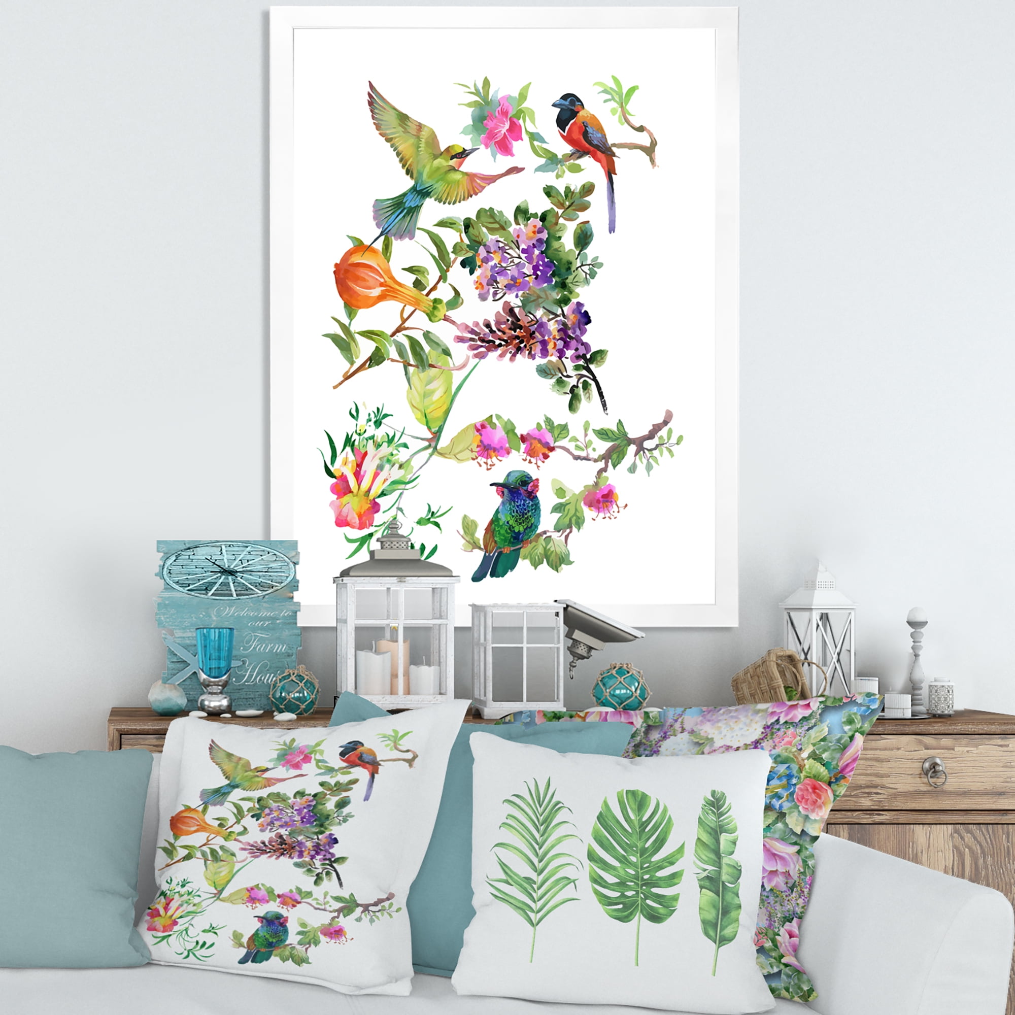 Designart 'Colourful Birds and Tropical Flowers II' Traditional Framed Art Print
