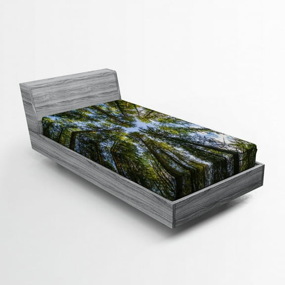 Ambesonne Nature Fitted Sheet, Jungle Moss Forest Trees, Twin Size, Forest Green Sky Blue