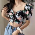 thumbnail image 2 of JANDEL Black Elegant Stylish Women's Fashion Floral Print V Neck Exposed Navel Sexy Sweet Short Sleeve Chiffon Shirt Blouse, 2 of 7