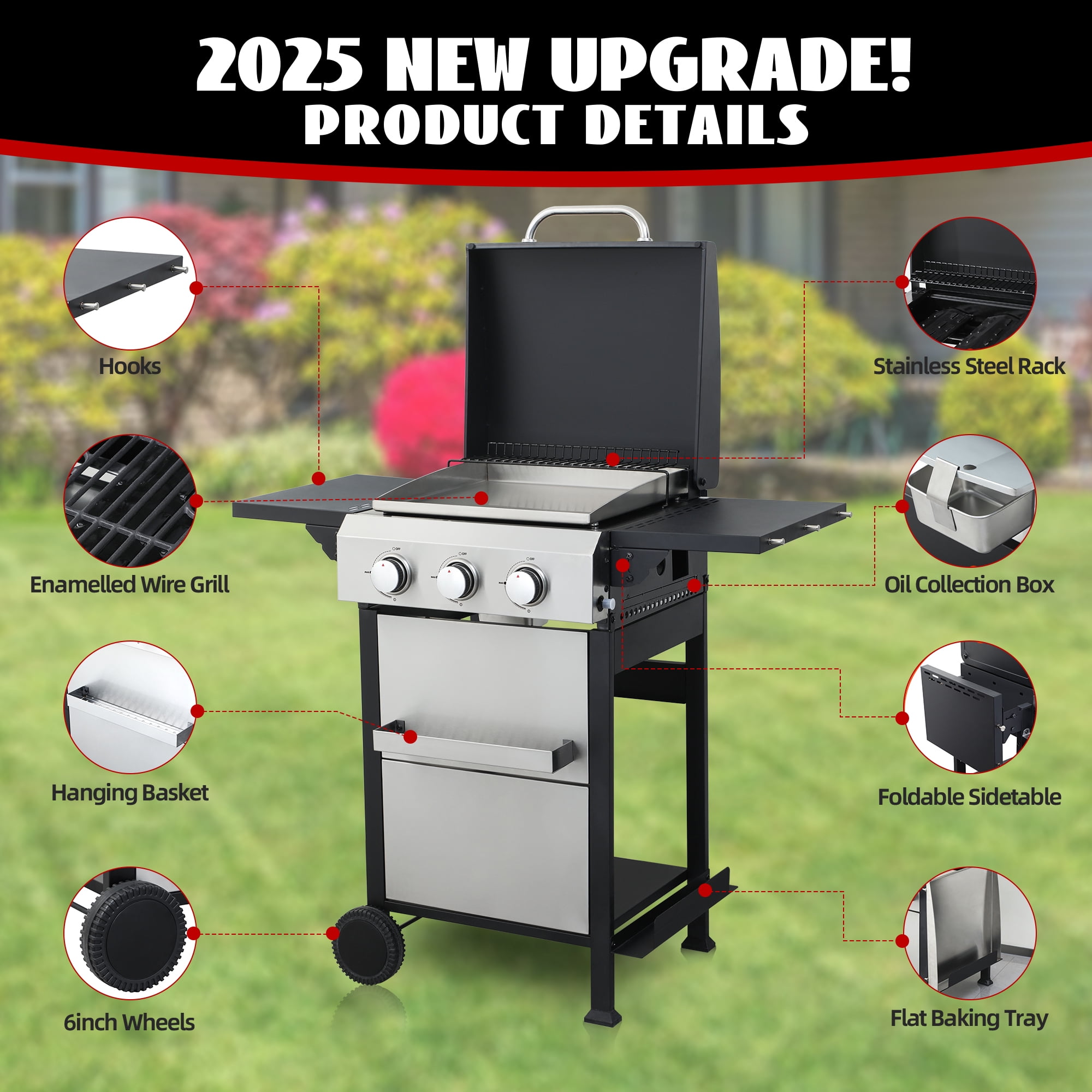 Nice Cooker 3-Burner Flat Top Propane Gas Grill with Foldable Side Table, 36,900 BTU Outdoor BBQ Grill, Porcelain-Enameled Grids & Built-in Thermometer – Perfect for Backyard, Camping, Patio Cooking