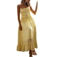 thumbnail image 3 of Womens 2025 Summer Casual Sleeveless Spaghetti Strap RIC Rac Trim Smocked Ruffle Beach Long Maxi Dress Light Yellow XL, 3 of 9