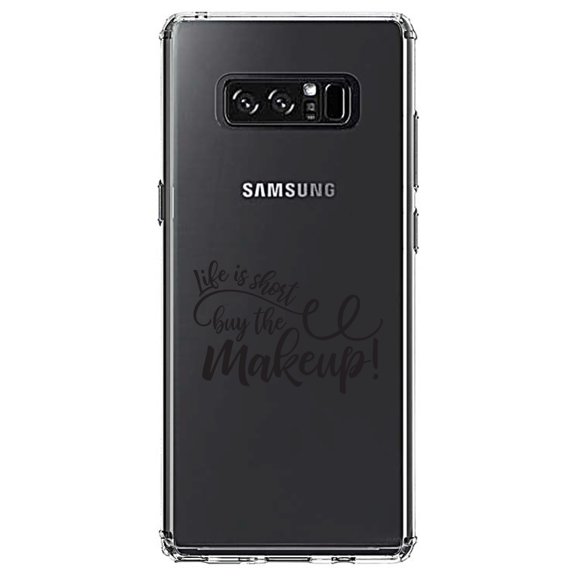 DistinctInk Clear Shockproof Hybrid Case for Samsung Galaxy Note 8 - TPU Bumper Acrylic Back Tempered Glass Screen Protector - Life is Short, Buy the Makeup