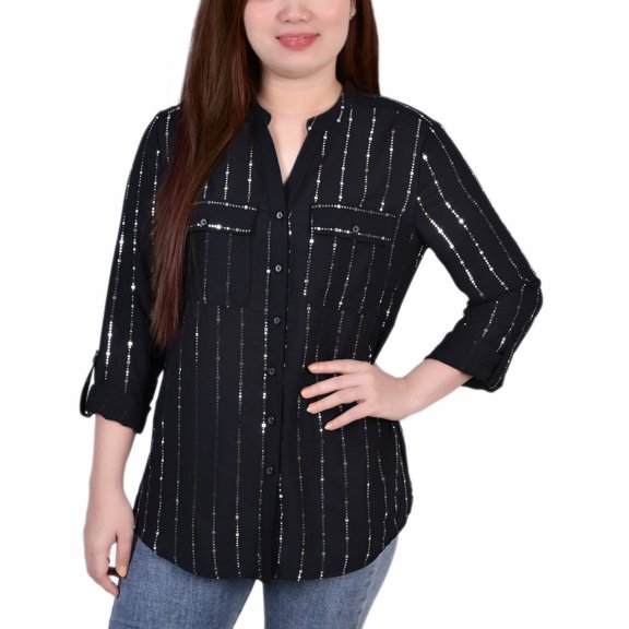 Petite Size 3/4 Sleeve Roll Tab Blouse With Metallic Details Top Black Ardor PM