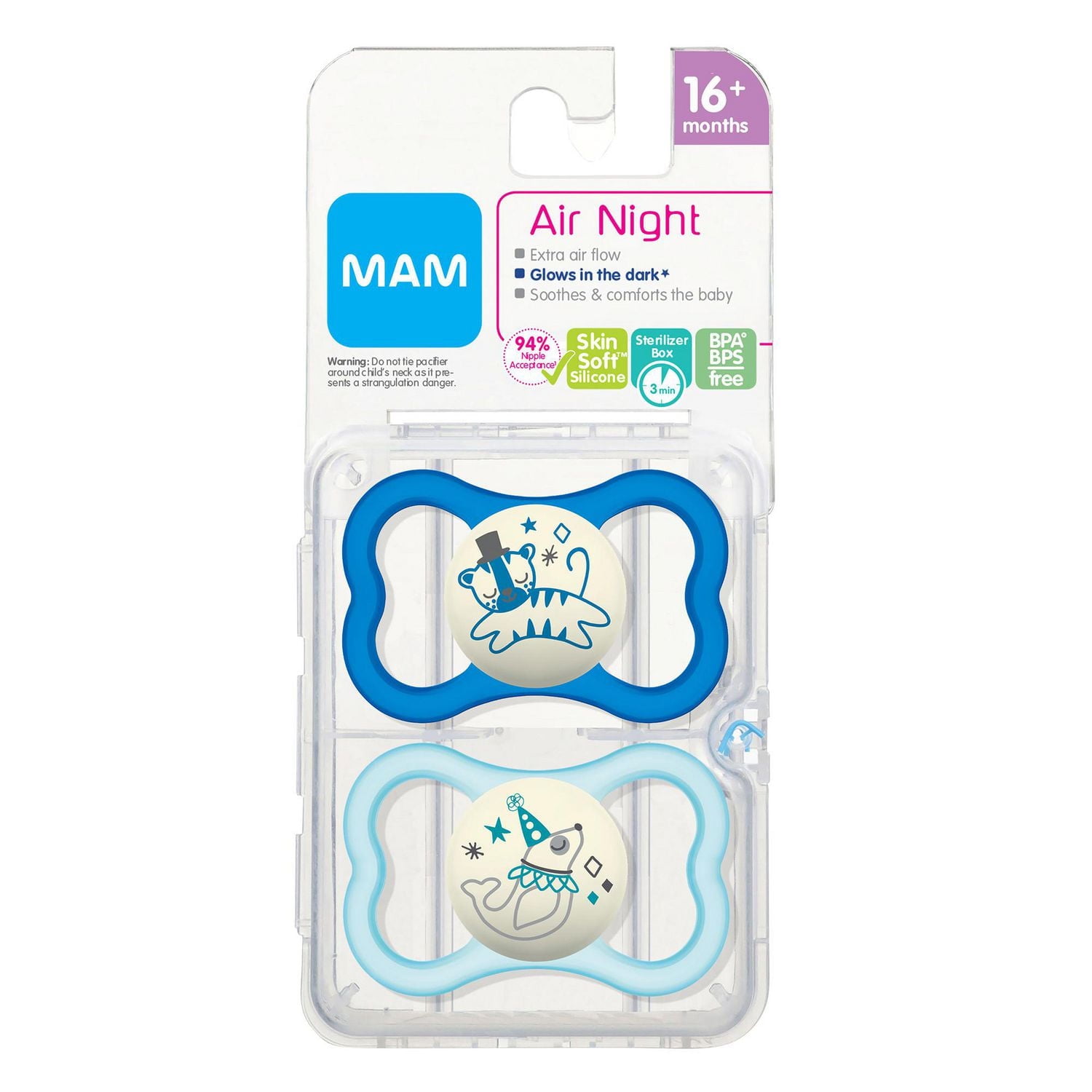 MAM Air Night Pacifiers (2 pack), MAM Sensitive Skin Pacifier 16+ Months, Glow in the Dark Pacifier, Best Pacifier for Breastfed Babies, Assorted, Baby Pacifiers, MAM Air Night Pacifier Asst 16+