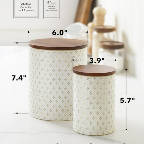 Food Storage Containers with Airtight Lids, 78/25 oz Ceramic Sugar Canisters Sets, Embossed Large Jars for Pasta, Oats, Coffee Bean, Cookies, Rice, Grains, Tea - Set of 2, Clover