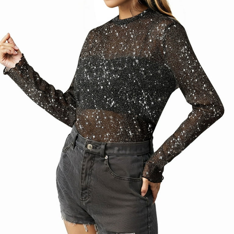 TWEYISR Womens Glitter Star Print See Through Sheer Mesh Round Neck Long  Sleeve Clubwear Tops