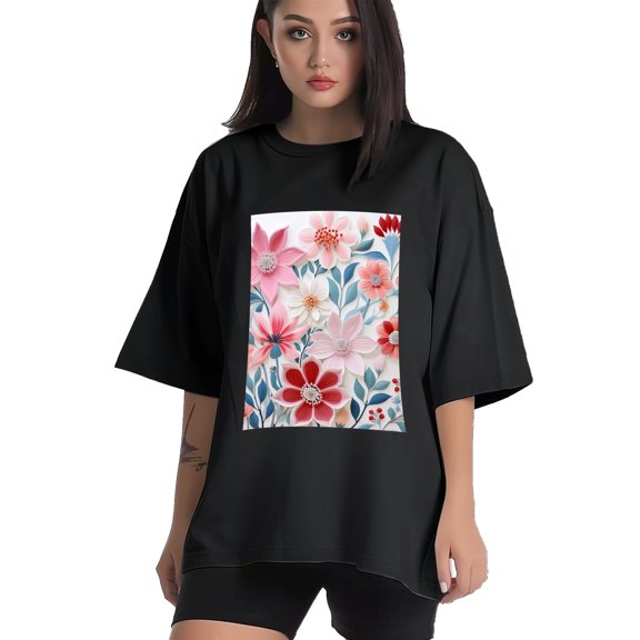 Plus Size Shirt for Women Black Tops for Women Short Sleeves Shirt for Women Flower T Shirt Crewneck Shirt for Women XS