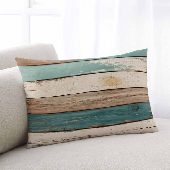 Farmhouse Teal Brown Throw Pillow Cover, Pillowcase Protectors with Zipper, Breathable Decorative Lumbar Pillow Case Cover, Retro Ombre Wooden Pillow Shams for Couch Sofa 16x24Inch