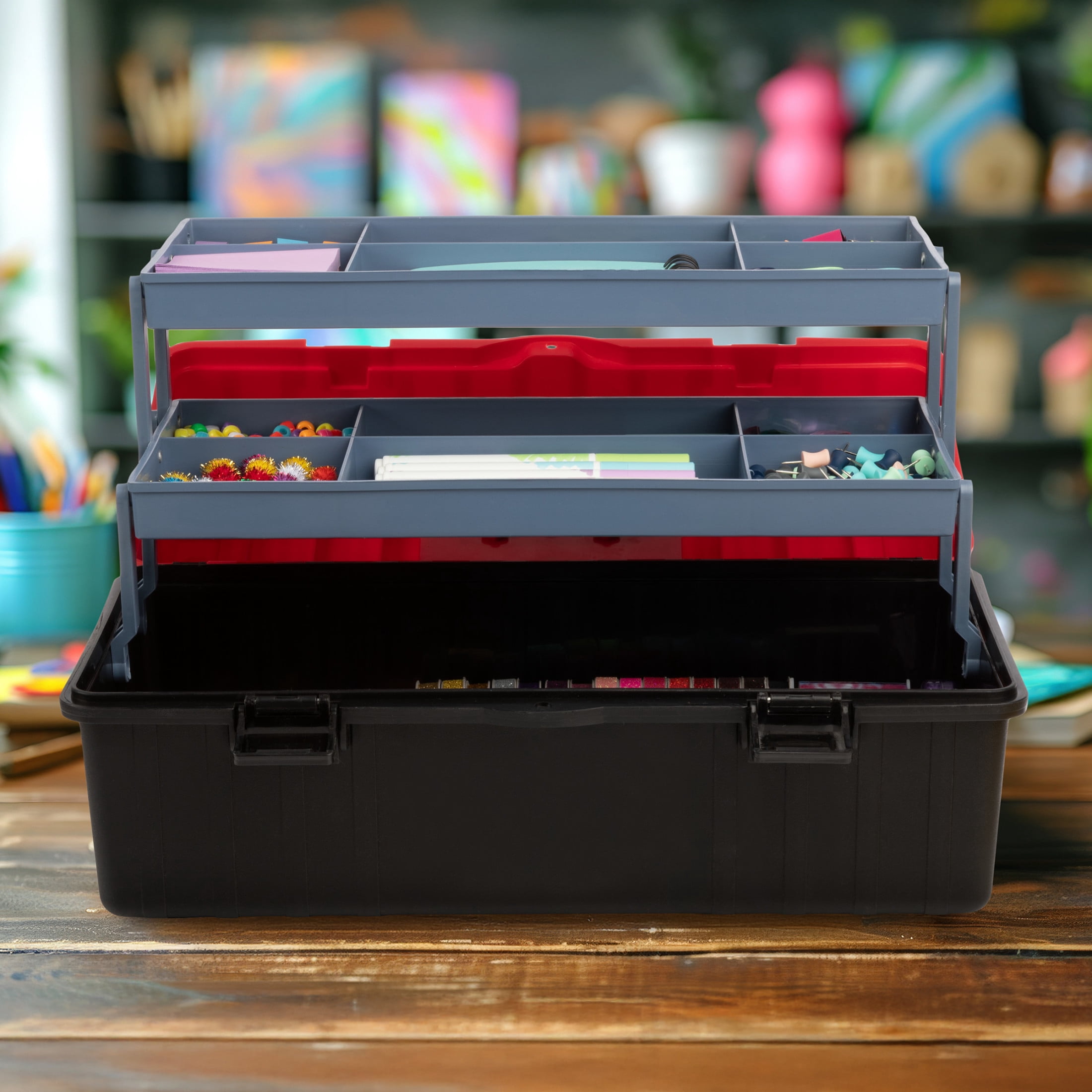 Stalwart Plastic Tool Box Organizer - 15.94in 3-Tier Portable Toolbox or Tackle Box Organizer, Red
