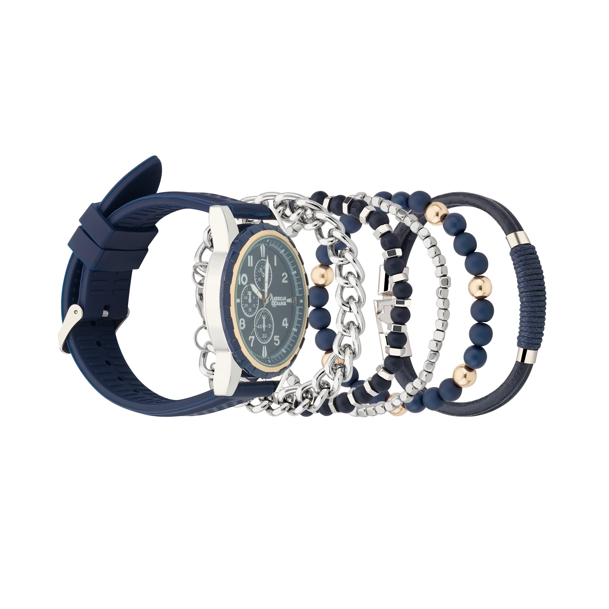 American Exchange Men's Analog Blue Silicone Strap 45mm Watch w/ Stackable Bracelets