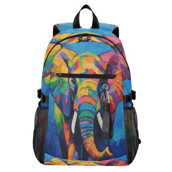 Full‑Print Casual Laptop Backpack, 20L Water‑Resistant Twill Tote Daypack with 14 Inch Computer Compartment for School Business Travel Rainbow Cute Elephant