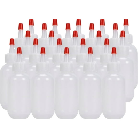 Plastic Boston Round Squeeze Bottles, 2oz/60mL Dropper with Yorker Red Tip Caps, 25 Pack Squirt & Condiment Bottles for Liquids, for Crafting & Paints, Sauces, Dressing, Oil, Honey