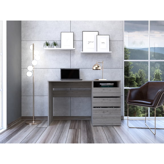 Slate Gray Desk With Three Drawer And One Shelf Storage Pale Computer