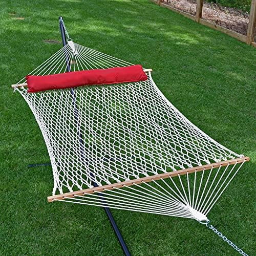 Algoma Net 13' Cotton Rope Hammock with Pillow - Double Person - 60x82 inch Bed - Fits 15' Stand - Natural Cotton Rope & Hardwood Spreader Bars