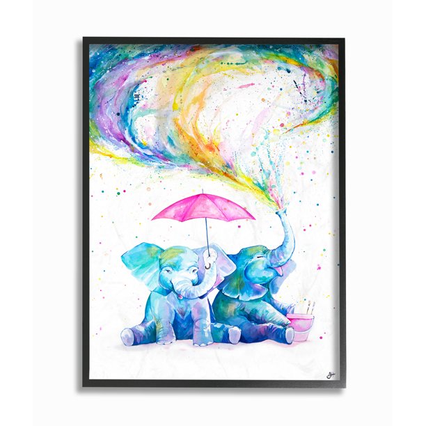 The Stupell Home Decor Rainbow Watercolor Spraying Elephants with Pink