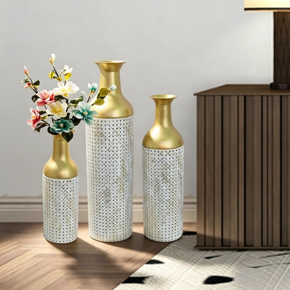 Set of 3 White & Gold Leaf Pattern Metal Floor Vases, Tall Decorative Vases for Living Room Entryway Home Decor