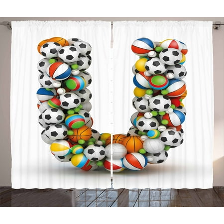 - Letter U Curtains 2 Panels Set, Fun Games Inventory Equipment and Letter U Combination Teamplay Colorful ABC Type, Window Drapes for Living Room Bedroom, 108W X 63L Inches, Multicolor, by Ambesonne