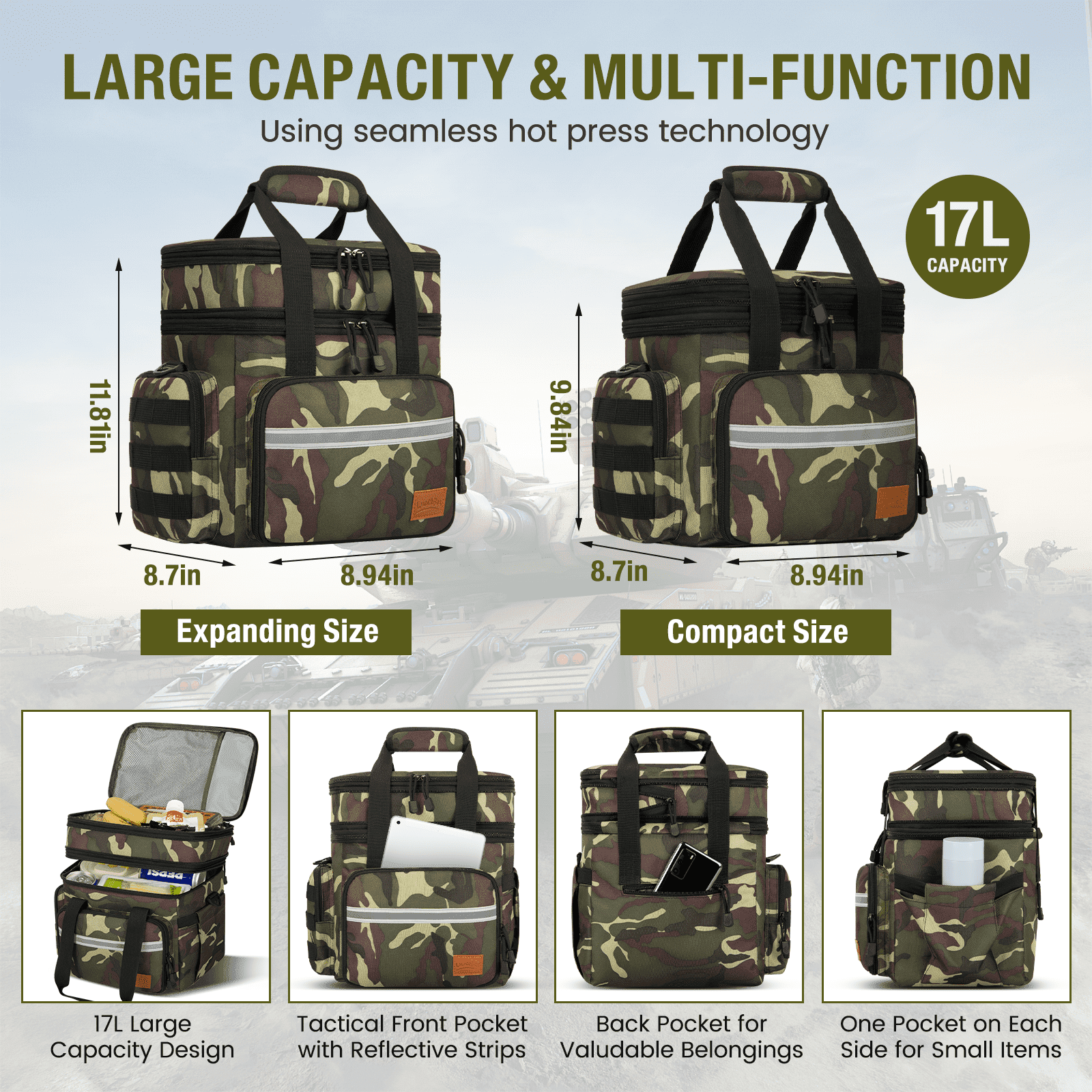 Lunch Bag for Men, 24L Expandable Insulated Lunch Box with Side Pockets, Double Deck Leakproof Cooler Tote Bag with Adjustable Shoulder Strap, 24 Can, Suit for Office/Picnic/Camping/Beach, Camo Green