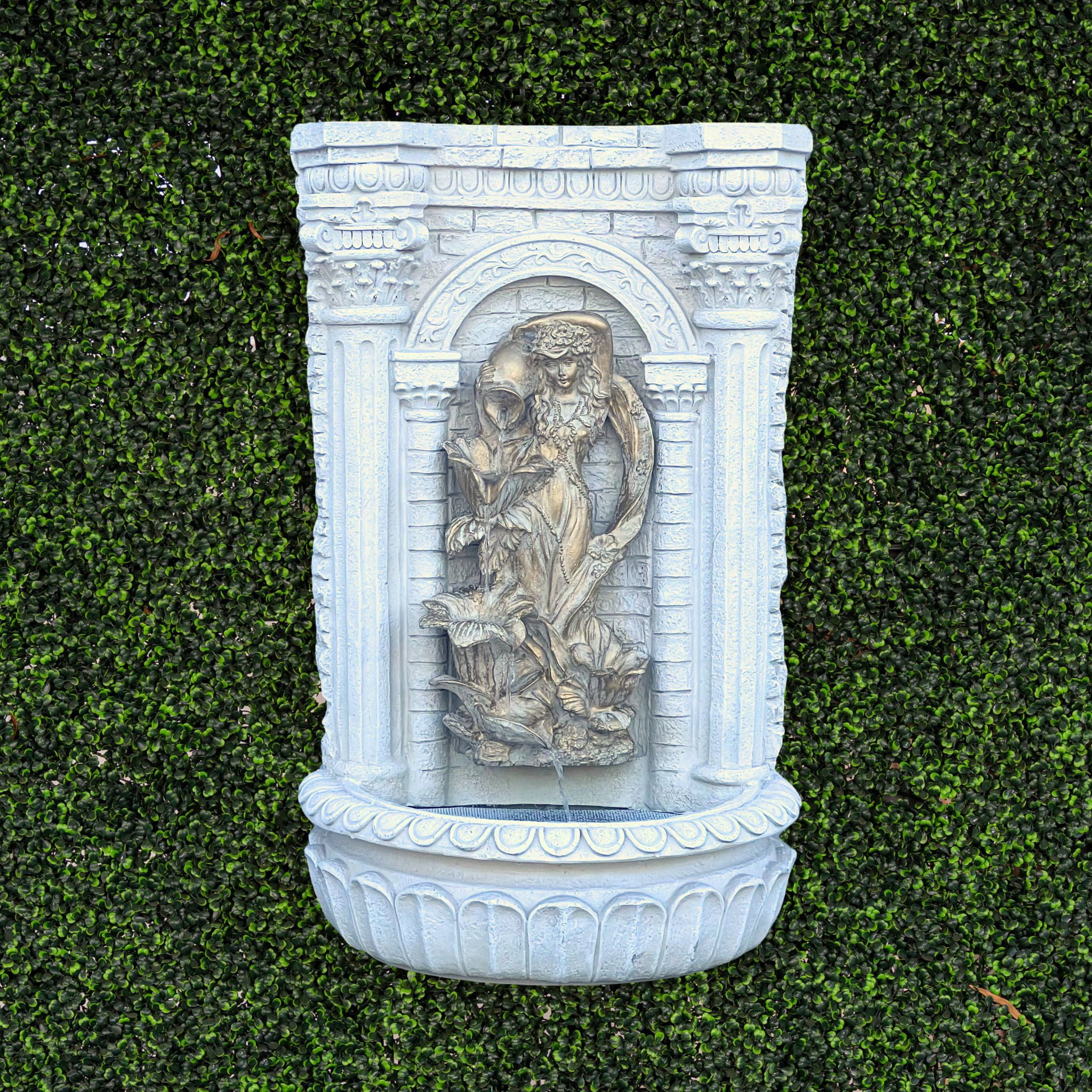 XBrand 30.3" Solar-Powered Wall Fountain with Gold Flower Maiden Statue, Antique Stone Waterfall Design for Garden, Yard Décor & Bird Bath, Polyresin