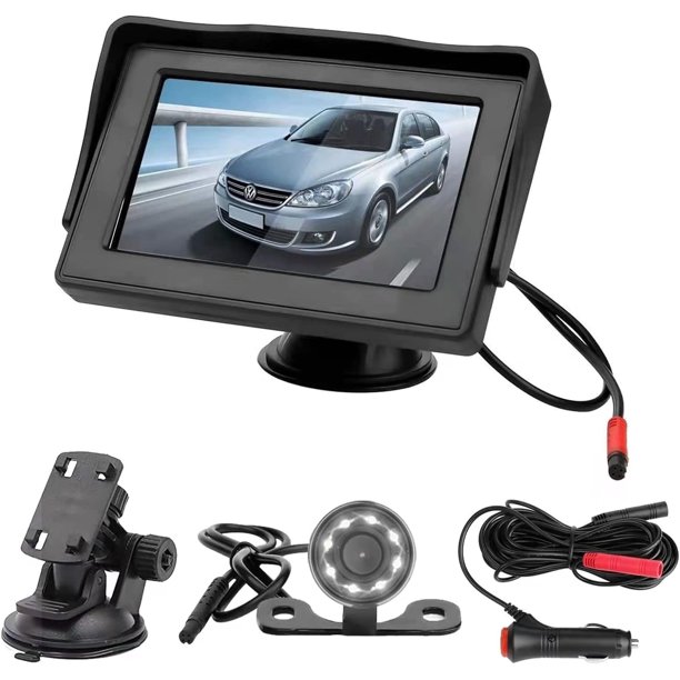 B-Qtech Mini Cámara de Respaldo con Kit de Monitor, Pantalla LCD de 4,3 Pulgadas con Espejo Giratorio, Guía de Visión Nocturna, Cámara Inversa con Vista Trasera para Camioneta/coche/suv/rv Invertir Estacionamiento