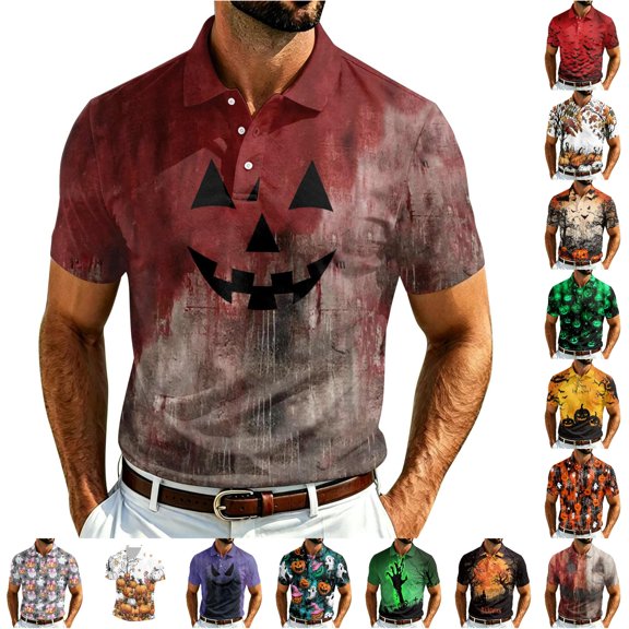 LIIPEE Halloween Graphic Polo Shirt For Men Short Sleeve Tennis Collar Shirts Male Comfortable Breathable Polos,S