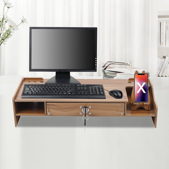 Monitor Stand Riser MDF Desk Organizer Shelf with Lockable Drawer and 2 Compartments Ergonomic Monitor Stand for Computer Laptop Office Home 48x20x10.5cm Durable Modern Wood Brown