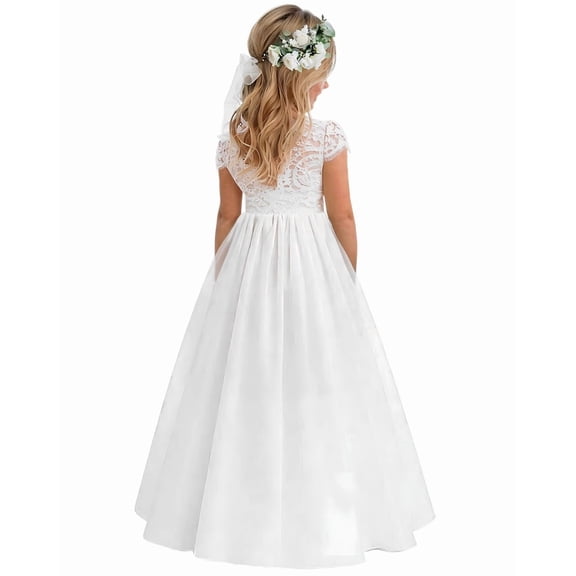 2Bunnies Girls' 12M-12yr Paisley Lace Tulle Short Sleeve Maxi Flower Girl Dress