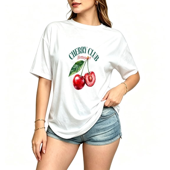 Women's Cotton T Shirts Graphic Tee Tops Cherry Club Vintage Print Short Sleeve T-Shirt
