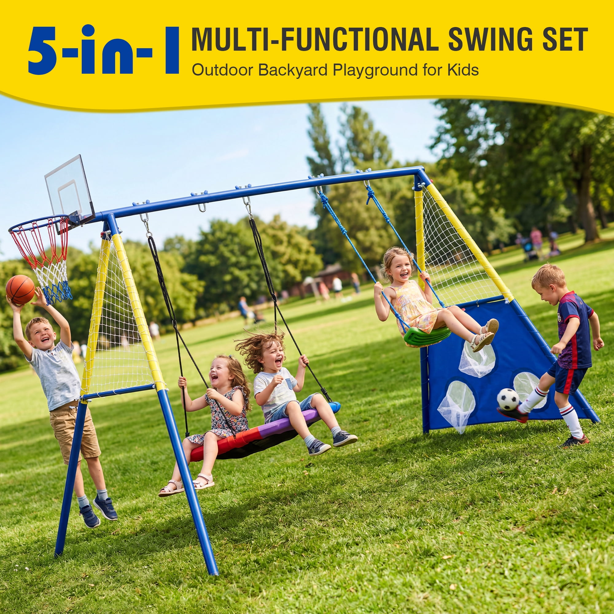5-in-1 Kids Metal Swing Set with 2-Person Saucer Swing, Belt Swing, Basketball Hoop & Soccer Goal, Heavy Duty 600 LBS Backyard Playground for Toddlers Children Ages 3-10