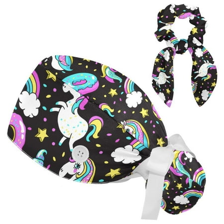 

Working Cap with Buttons and Sweatband Scrub Hat Bouffant Caps with Scrunchie Unicorn Tie Back Hats
