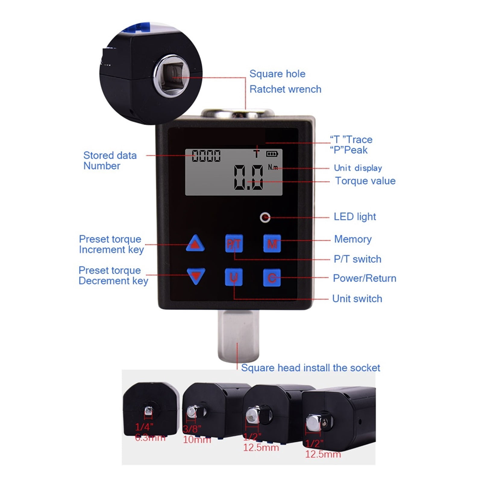 1/2" 1/4" 3/8" Digital Torque Meter Measurement Adapter Spark Bicycle KG Torque Wrench Gauge Tester Screwdriver 3-340 N.m ,Versatile Torque Units
