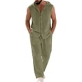 thumbnail image 2 of VBTAPA Cotton Linen 2 Piece Sets for Men Button Down Sleeveless Hoodie Shirts and Pants Lounge Matching Set Loose Fit Casual Vacation Outfits Army Green XL, 2 of 9