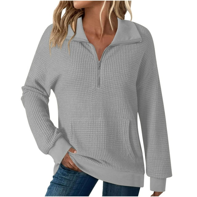 Womens Quarter Zip Sweatshirt, Oversized Waffle Knit Pullover Sweater With Mock Neck And Pockets, Casual Long Sleeve Tops For Fall