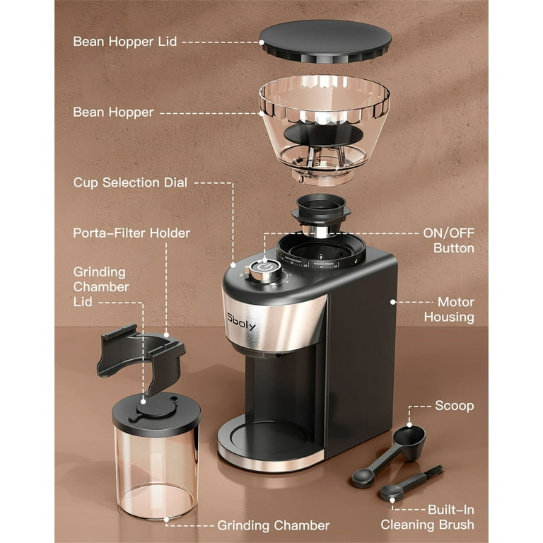Burr Coffee Grinder, Mini Coffee Machine with Removable Stainless Steel Cup