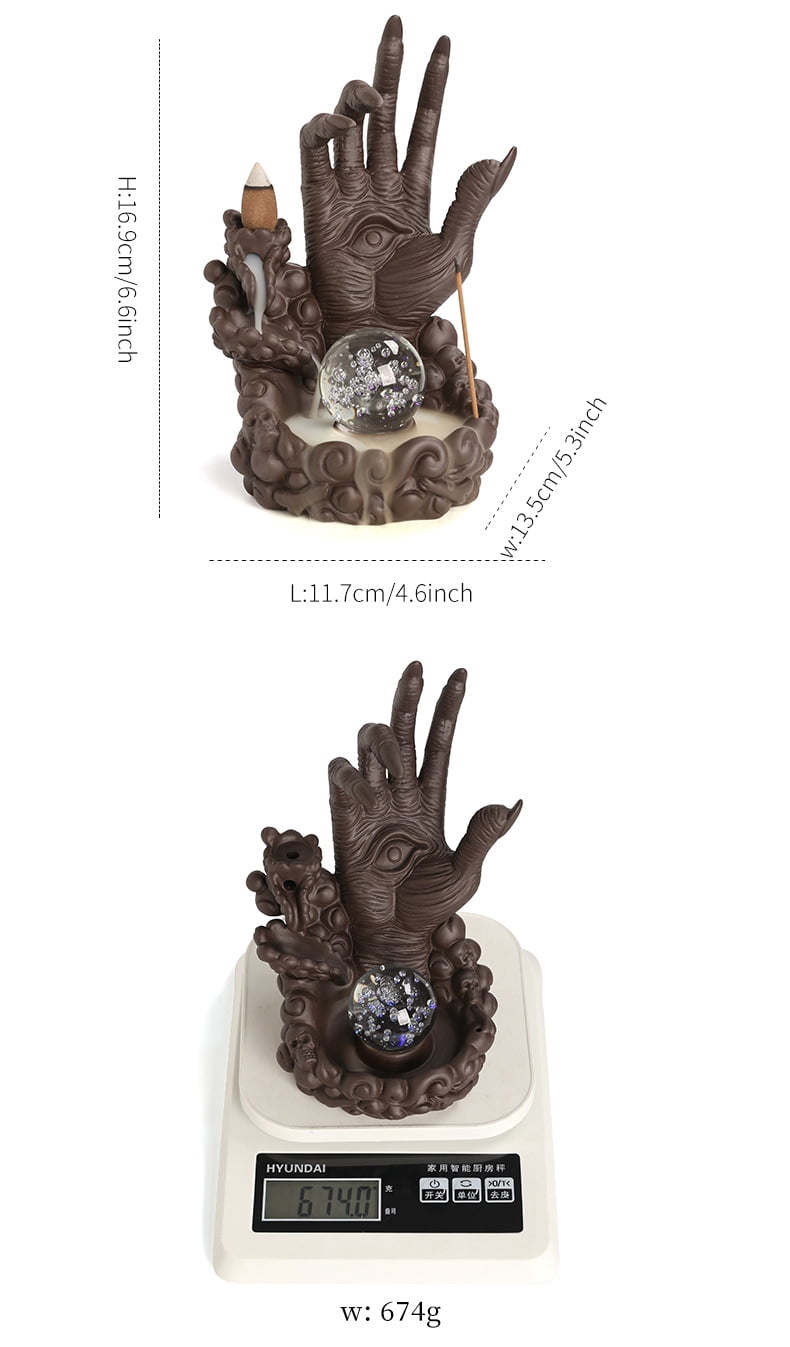 Buddha Hand Series Backflow Incense Burner Skull Incense Waterfall Holder Smoke Indoor Creative LED Ceramic Incense Cone Incense Burner Decoration Incense Burner Ornamen for Home Office Yoga Temple