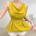 thumbnail image 4 of Women Summer Cowl Neck Tank Tops Flowy Peplum Tops Sleeveless Waist Tie Casual Tank Tops Mustard Yellow M, 4 of 9