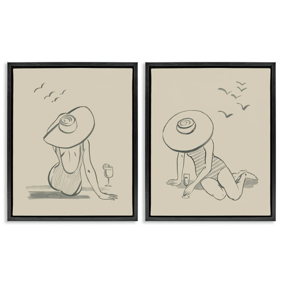 Stupell Industries Female Figure Drawing Poolside People Drawing Black Floater Framed Canvas Art Print Wall Art, 17 x 21, Set of 2