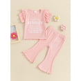 thumbnail image 2 of Bslissey Toddler Little Girls Cute Long Pants Sets Short Sleeve Letter Print Tops with Elastic Waist Flare Pants 2Pcs 12M 18M 24M 3T 4T 5T Kids Casual Summer Outfits, 2 of 9