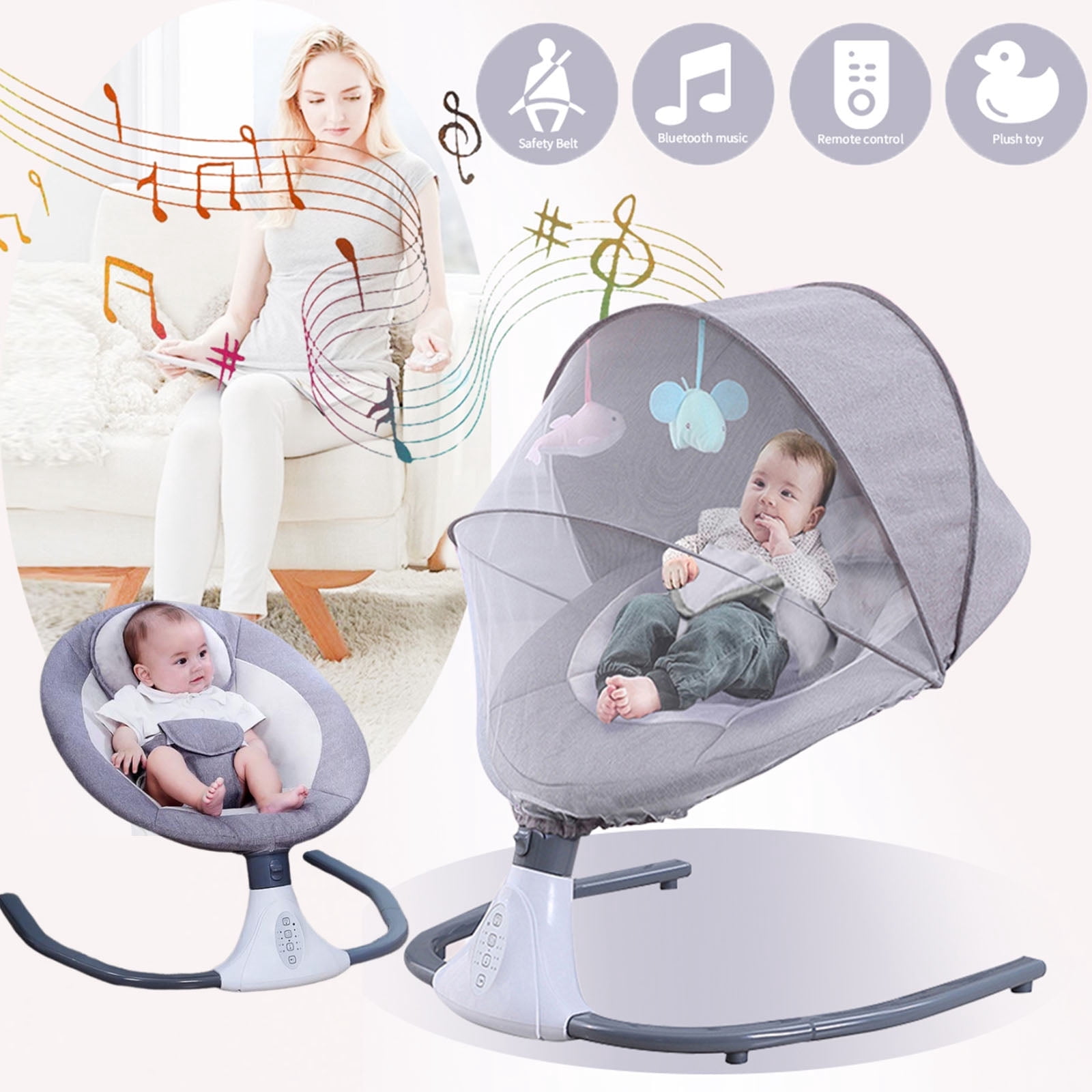 YANAOFFE Musical Baby Swing for Infant Portable Swing with Remote Control, Bluetooth, Unisex, Gray
