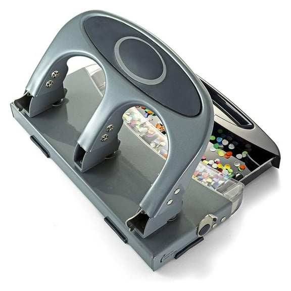 3-Hole Punch Heavy Duty - 45 Sheet Capacity, Silver/Navy - with Chip Drawer & Ergonomic Handle