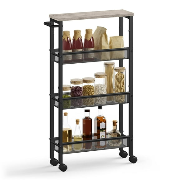 VASAGLE Chariot Roulant Mince, Chariot de Rangement à 4 Niveaux, Chariot Étroit avec Poignée, 5.1 Pouces de Profondeur, Cadre en Métal, pour Cuisine, Salle à Manger, Salon, Bureau à Domicile, Gris Chiné