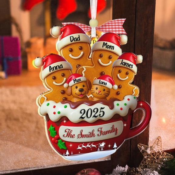Personalized Gingerbread Family Ornament, Custom Acrylic Christmas Ornament with Pets, Family of 2-6, Holiday Keepsake & Xmas Decor