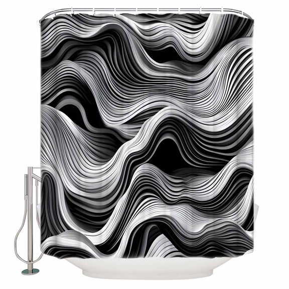 72x78 Inch Shower Curtain Abstract Waves Bathroom Decor Waterproof Fabric Bathtub Bath Curtains Decorative Black Grey Modern Geometric Striped Extra Long Shower Curtain Set with Hooks