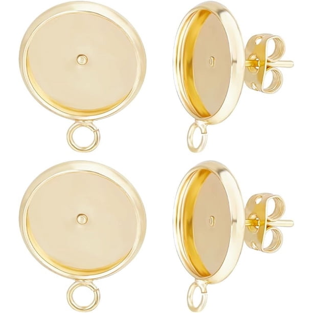 1 caja de 16 piezas de aretes de cabujón de 12 mm en blanco, chapados en oro de 24 quilates, con bandeja de bisel redonda plana, con poste, accesorios para aretes con 20 tuercas para aretes.