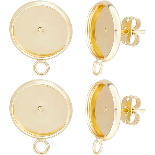 1 caja de 16 piezas de aretes de cabujón de 12 mm en blanco, chapados en oro de 24 quilates, con bandeja de bisel redonda plana, con poste, accesorios para aretes con 20 tuercas para aretes.
