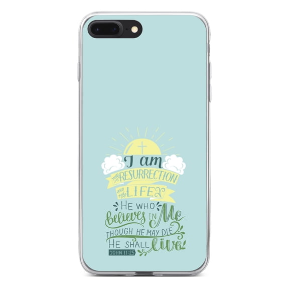 DistinctInk Clear Shockproof Hybrid Case for iPhone 7 PLUS / 8 PLUS (5.5" Screen) - TPU Bumper, Acrylic Back, Tempered Glass Screen Protector - John 11:25 - I am the Resurrection and the Life